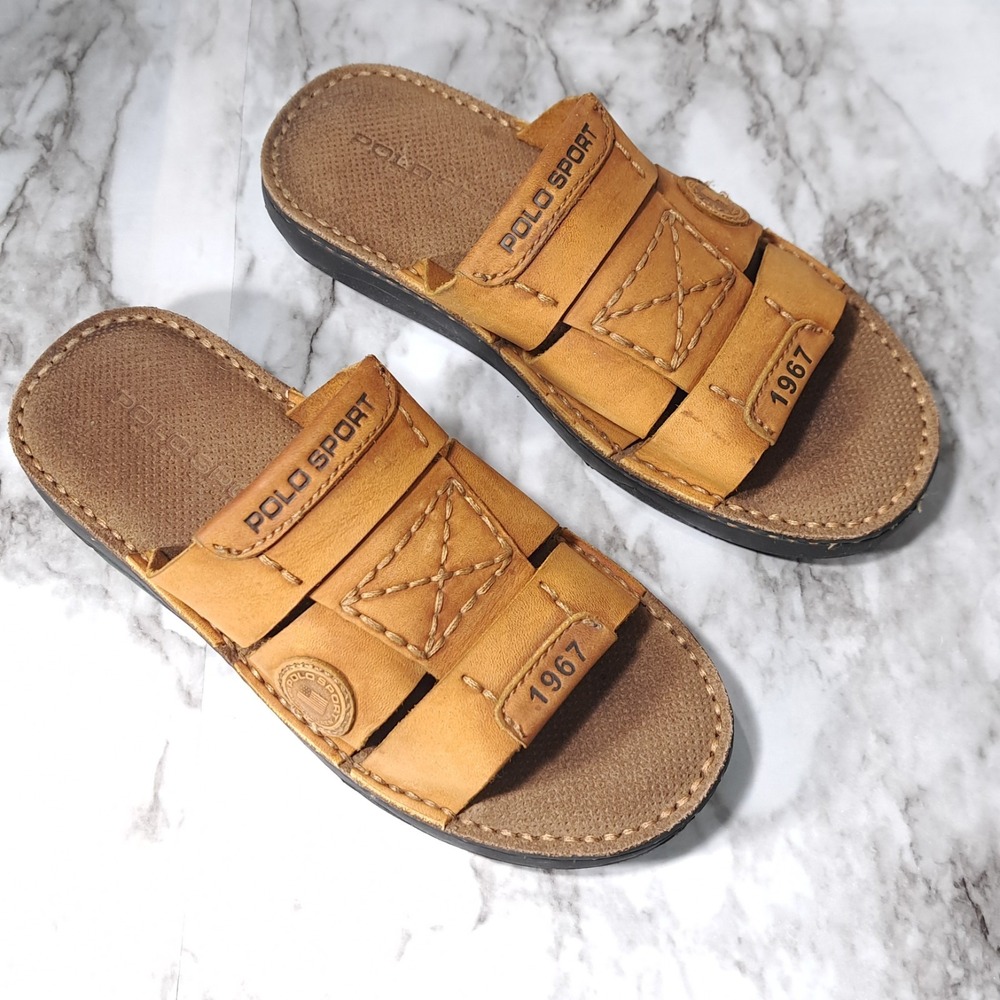 Polo‎ Sport 1967 Boys Brown Leather 6B Casual Sandals Heavy Stitch Slip-On
